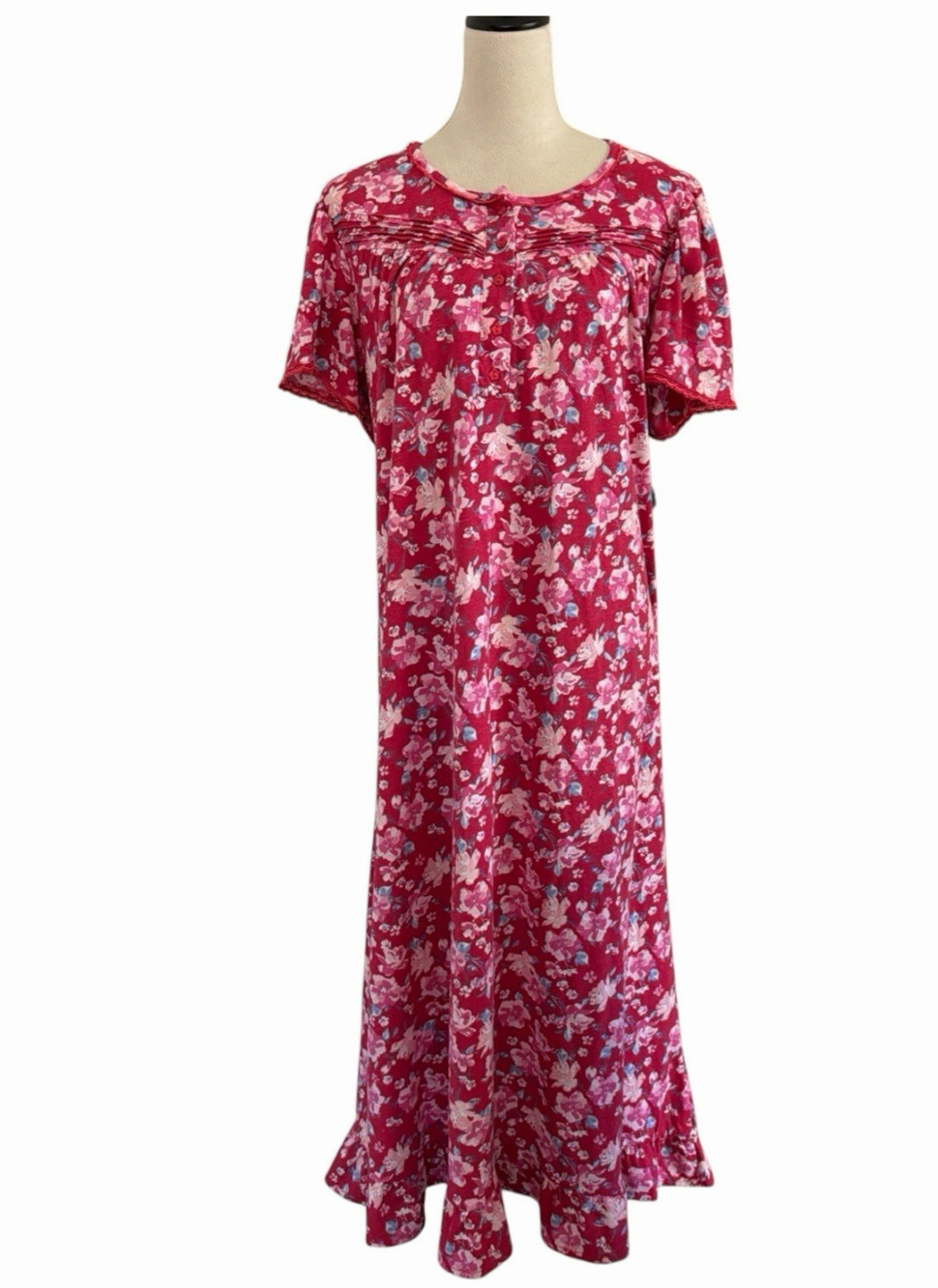 Dreams & Co Nightgown Womens PM Red Floral Cotton Ruffle Hem Flutter Sleeve NWT